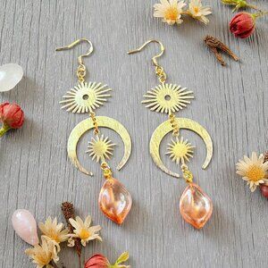 Gold Sun and Moon Earrings Celestial Boho Jewelry with Orange Glass Charms Moon